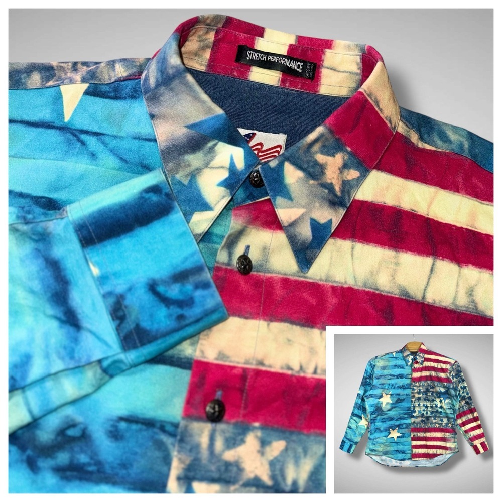 Acorn by Bob Goldfeder American Flag Button Up Shirt‎ Stretch Performance L